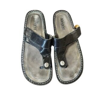 Alegria Women's Carina Black Leather‎ Thong Sandals Adjustable Rhinestone